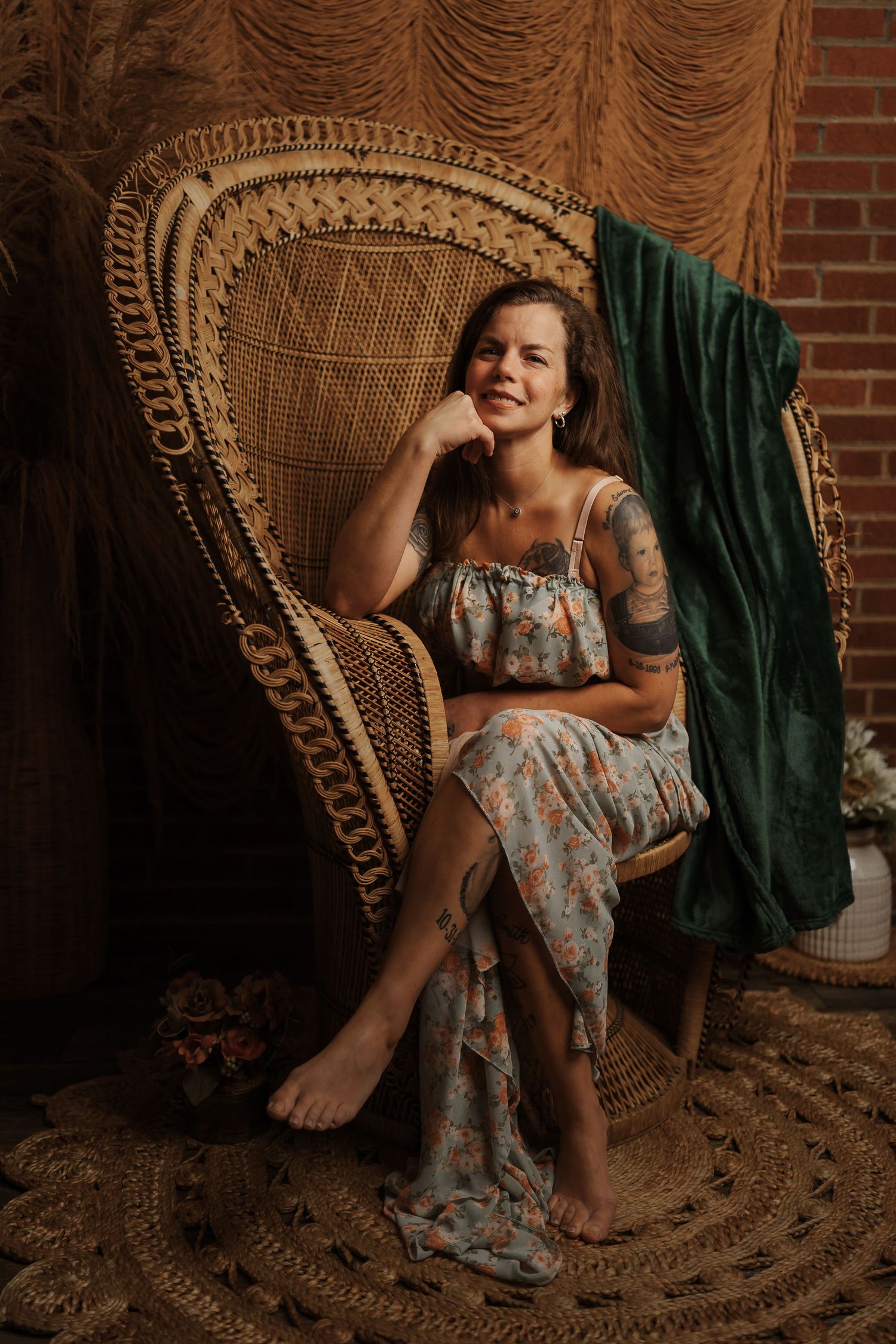 A series of photos showing someone sitting in a vintage wicker peacock chair against a brick wall with dark lighting.