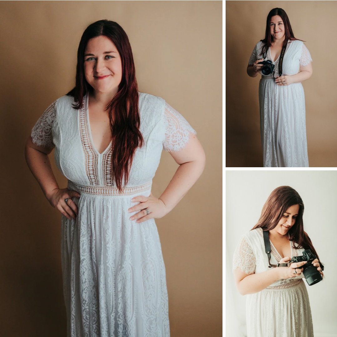 Studio Headshot Session in Tampa, FL; Woman dressed in white dress with camera