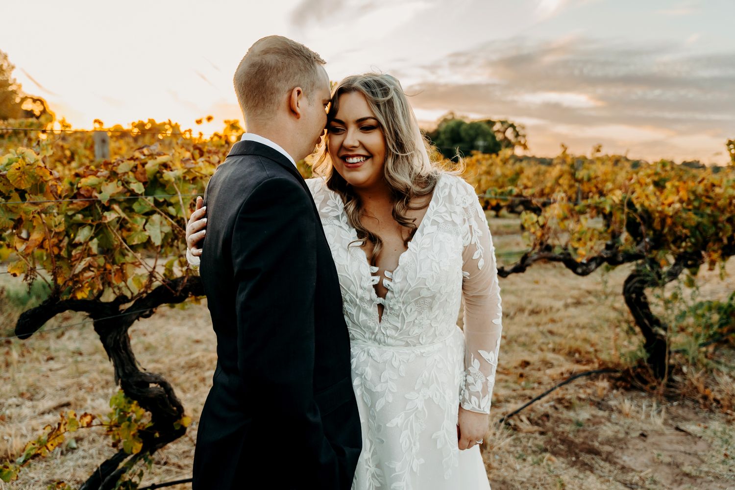 A romantic moment between newlyweds in a sunlit vineyard during golden hour.