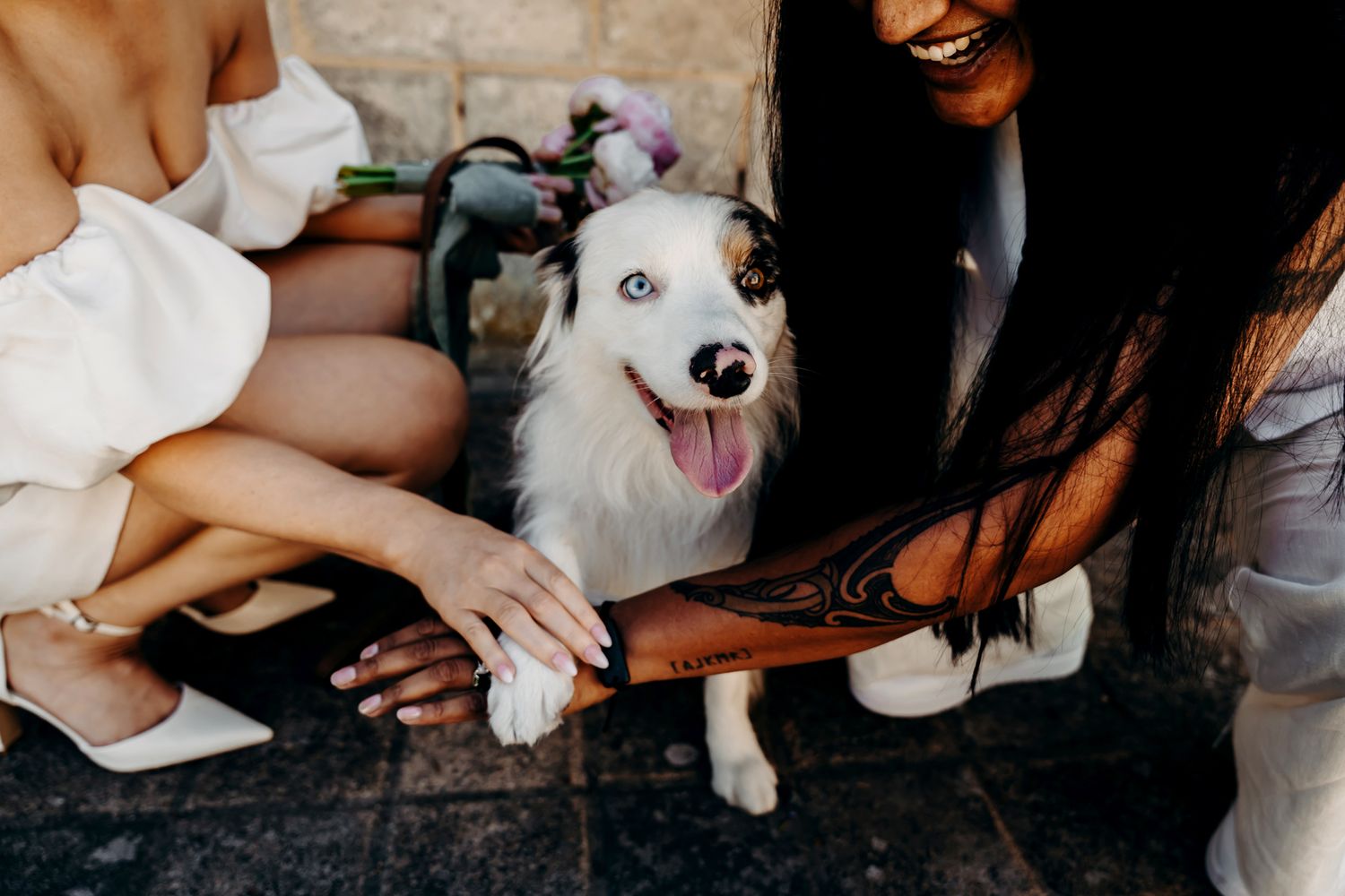 A happy Australian Shepherd dog sits on the ground between two people in casual summer clothing.