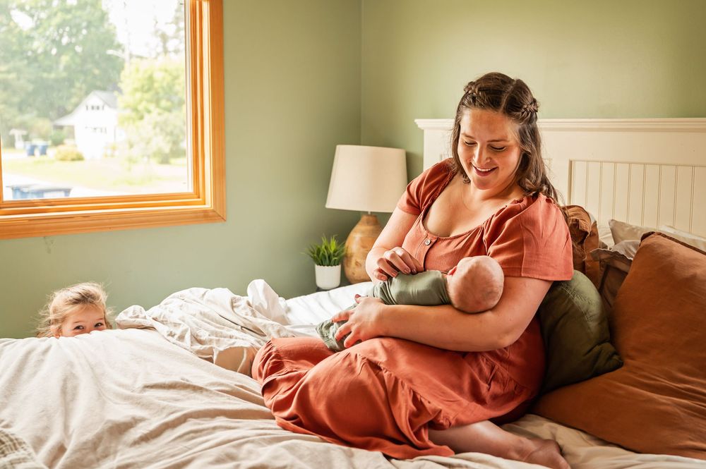 A series of photos showing a person lounging and relaxing on a bed in a sunlit bedroom.