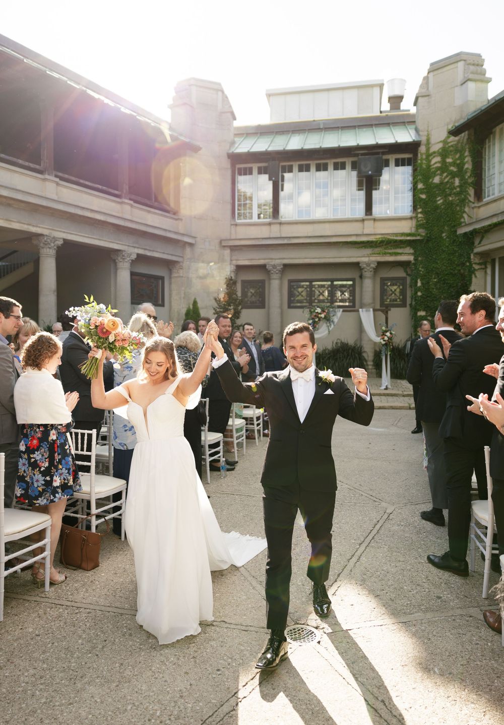 A sequence of wedding dance photos showing couples joyfully dancing together at an elegant outdoor venue.