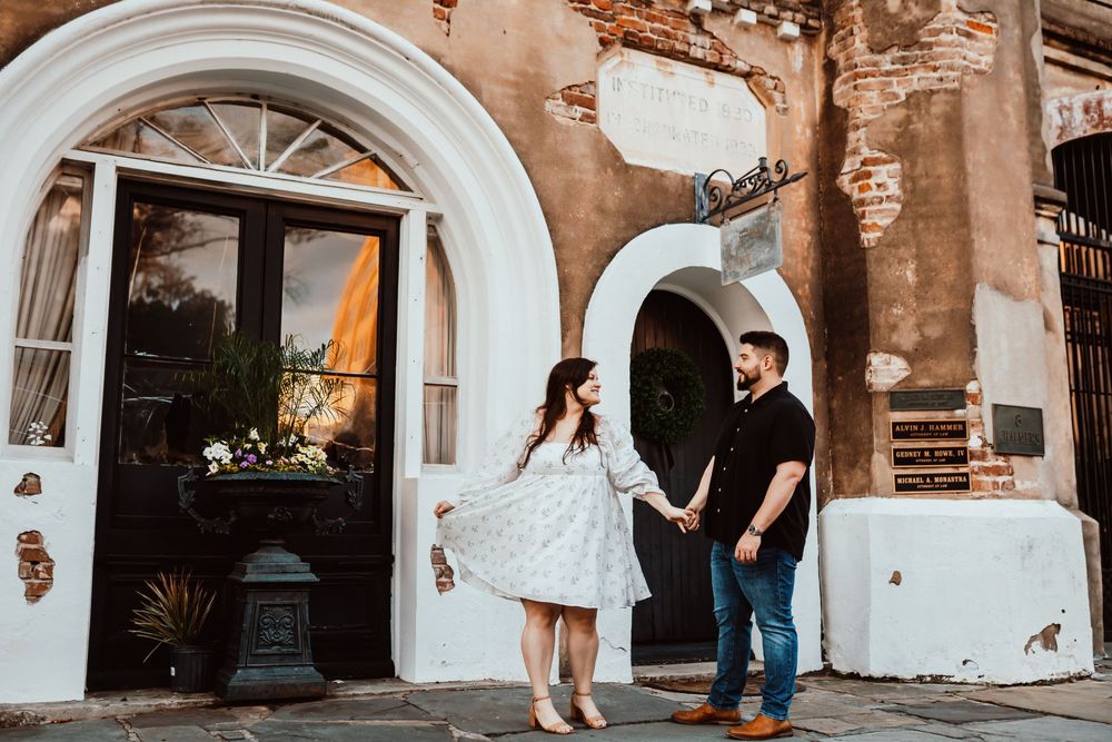 dancing downtown historic charleston, couple, engagement