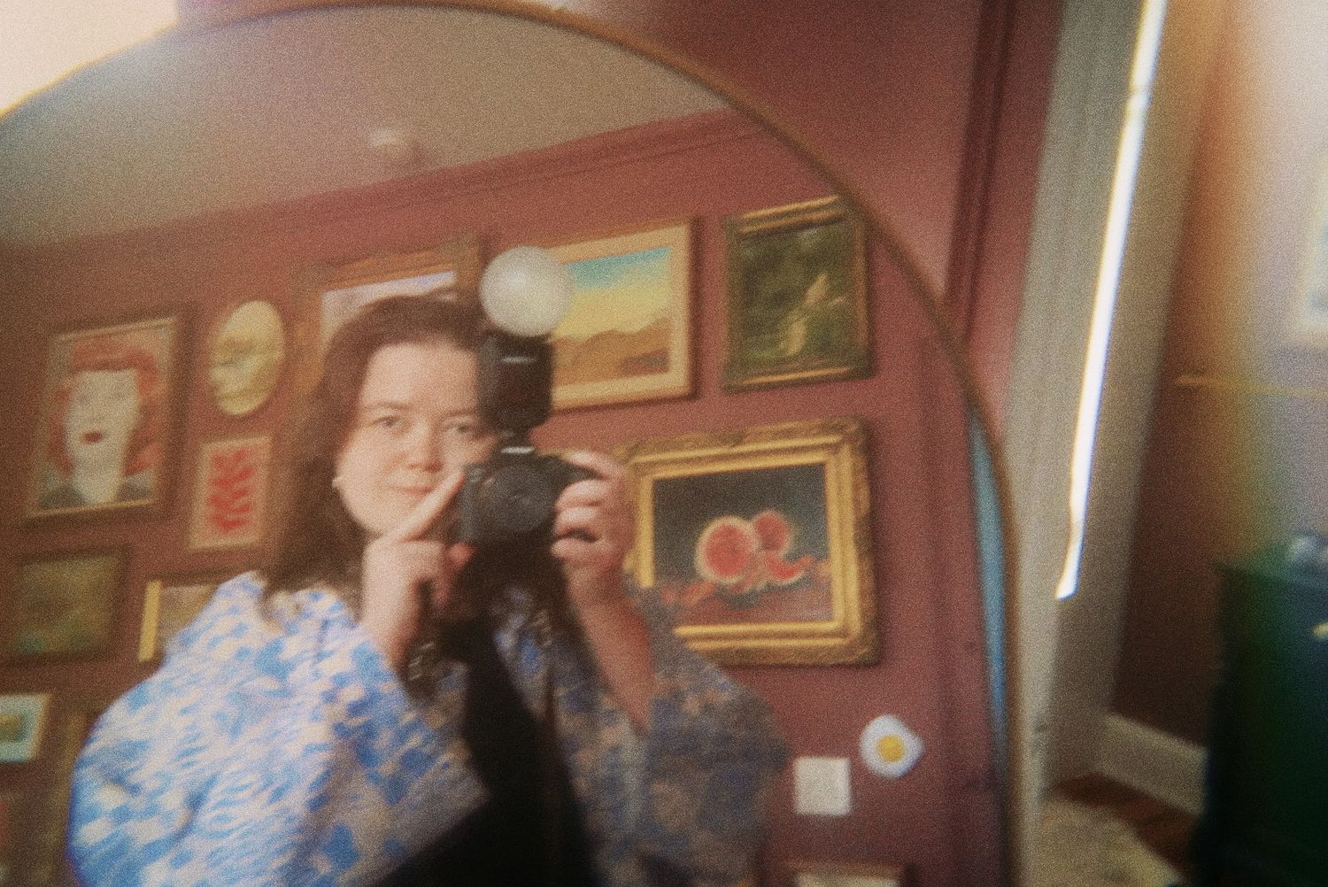 A mirror reflection shows someone wearing a blue floral dress in a room with framed artwork on salmon-colored walls.