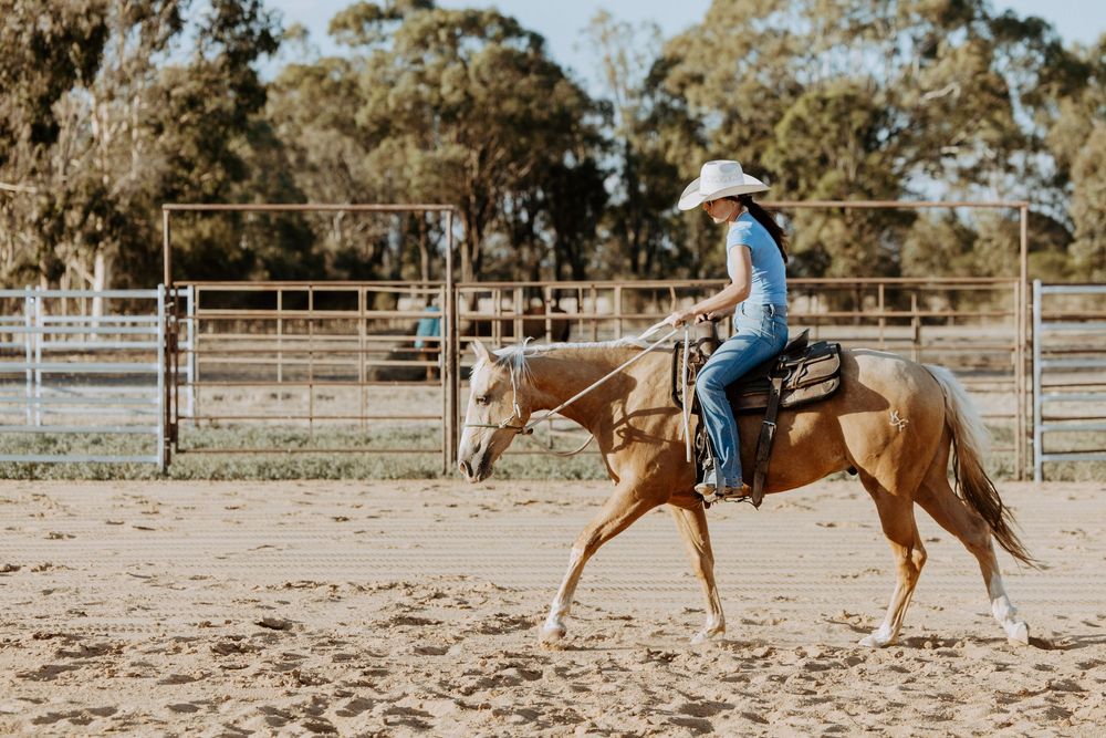 A rider practices horseback riding techniques in a dusty outdoor arena during a training session.
