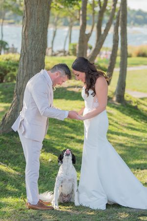 Wedding couple posing with white dogs in scenic outdoor park setting.