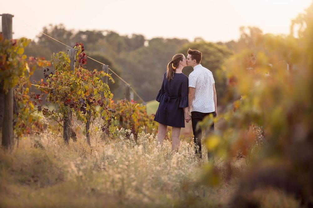 A couple walking and kissing in the vines at sunset on their Engagement photo shoot at St.Leonards Vineyard