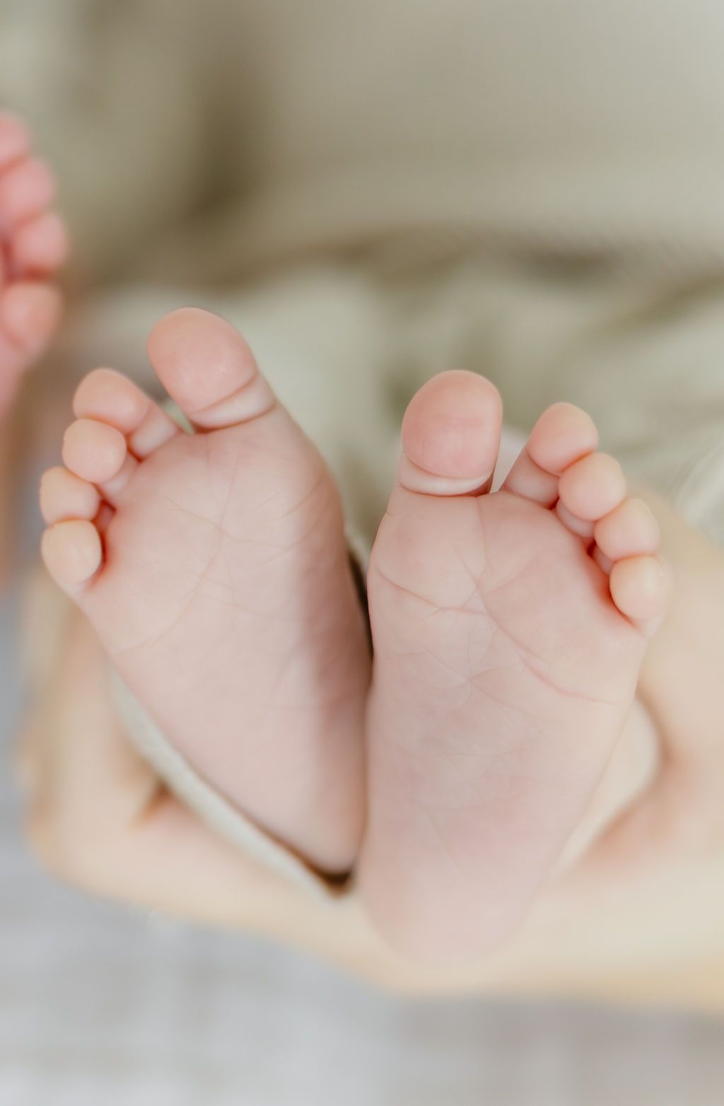 Close-up of tiny newborn baby feet with delicate toes, resting on a soft neutral blanket.