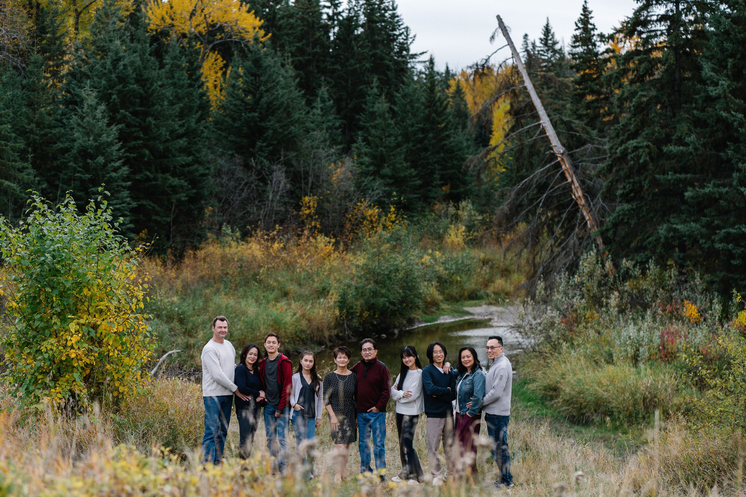 A family group poses outdoors with their two dogs on an autumn day with sunlit trees in the background. Stone Barn Garden