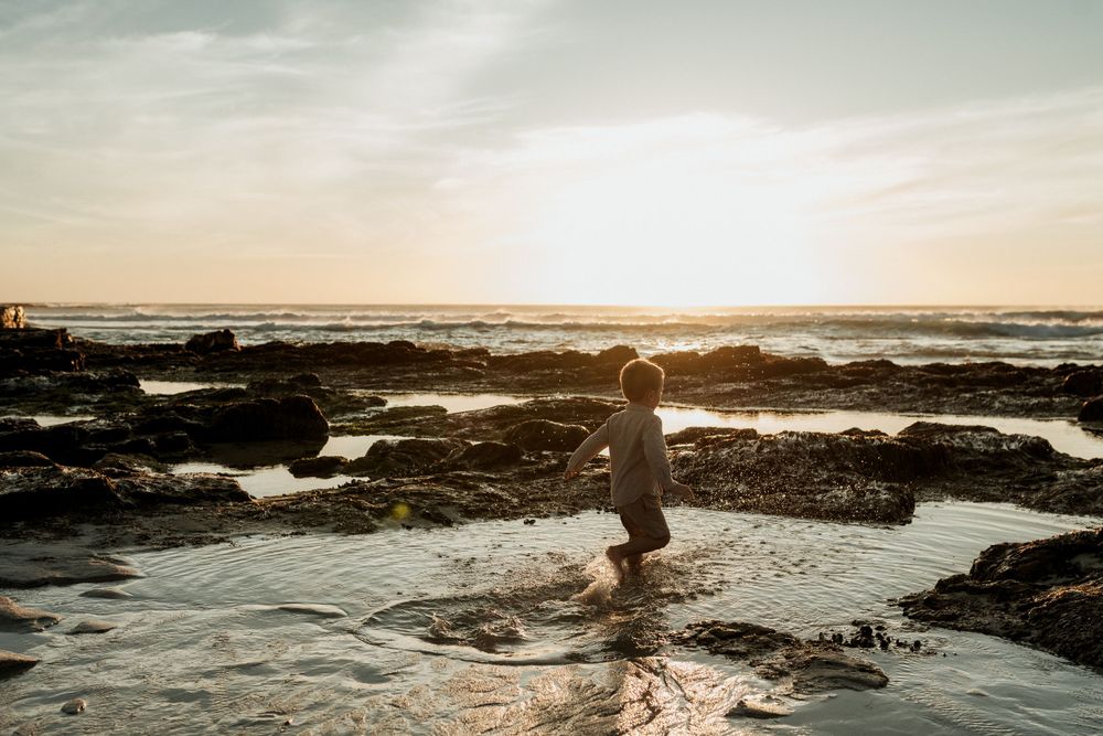 Silhouette at sunset on rocky beach coastline with crashing waves.