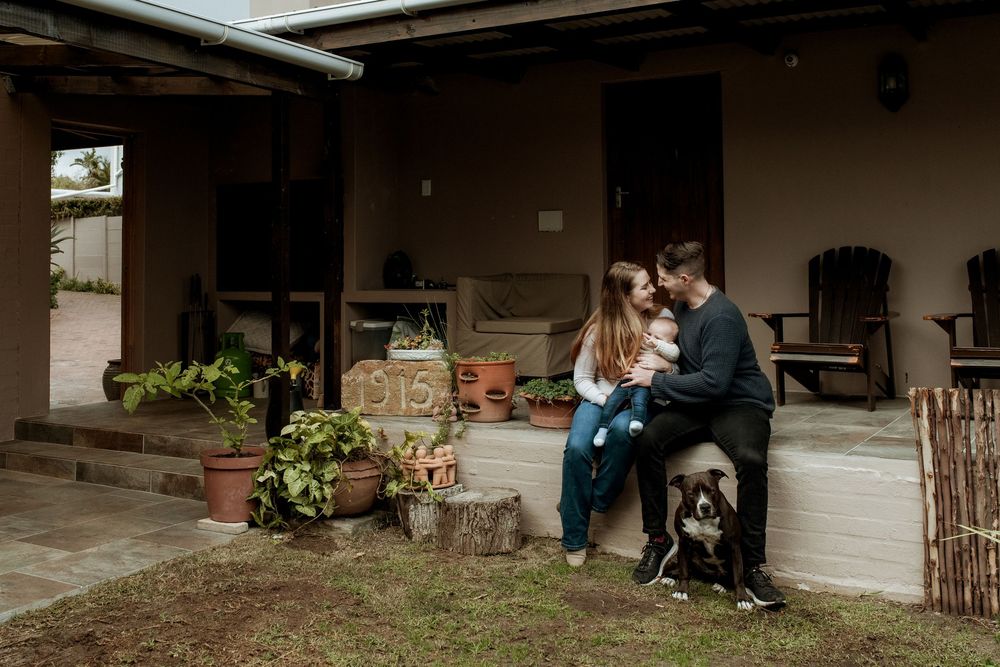 A black dog rests on a porch with potted plants and rustic wooden furniture visible in the background.