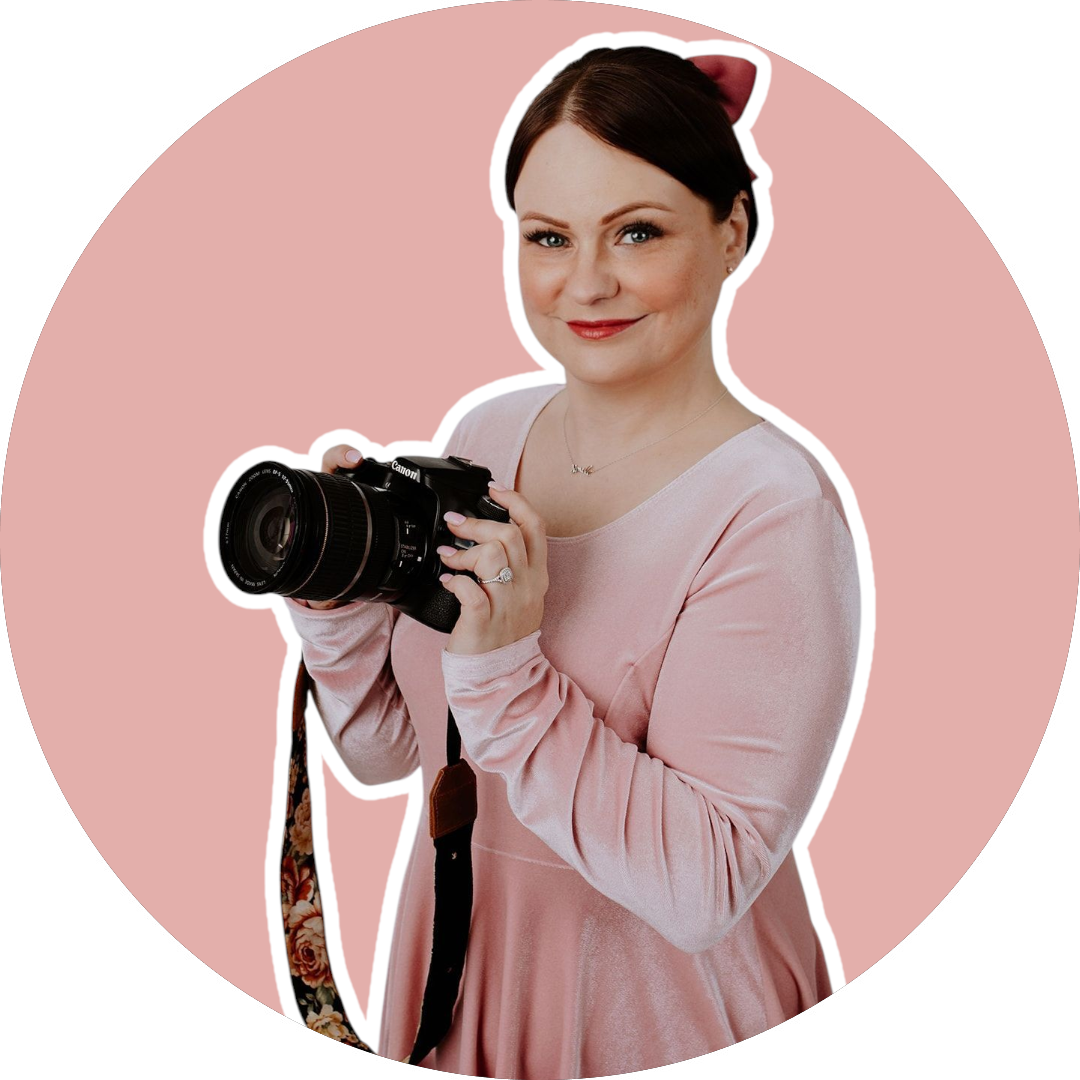 Series of oval-framed portraits showing a photographer in pink holding professional camera equipment.