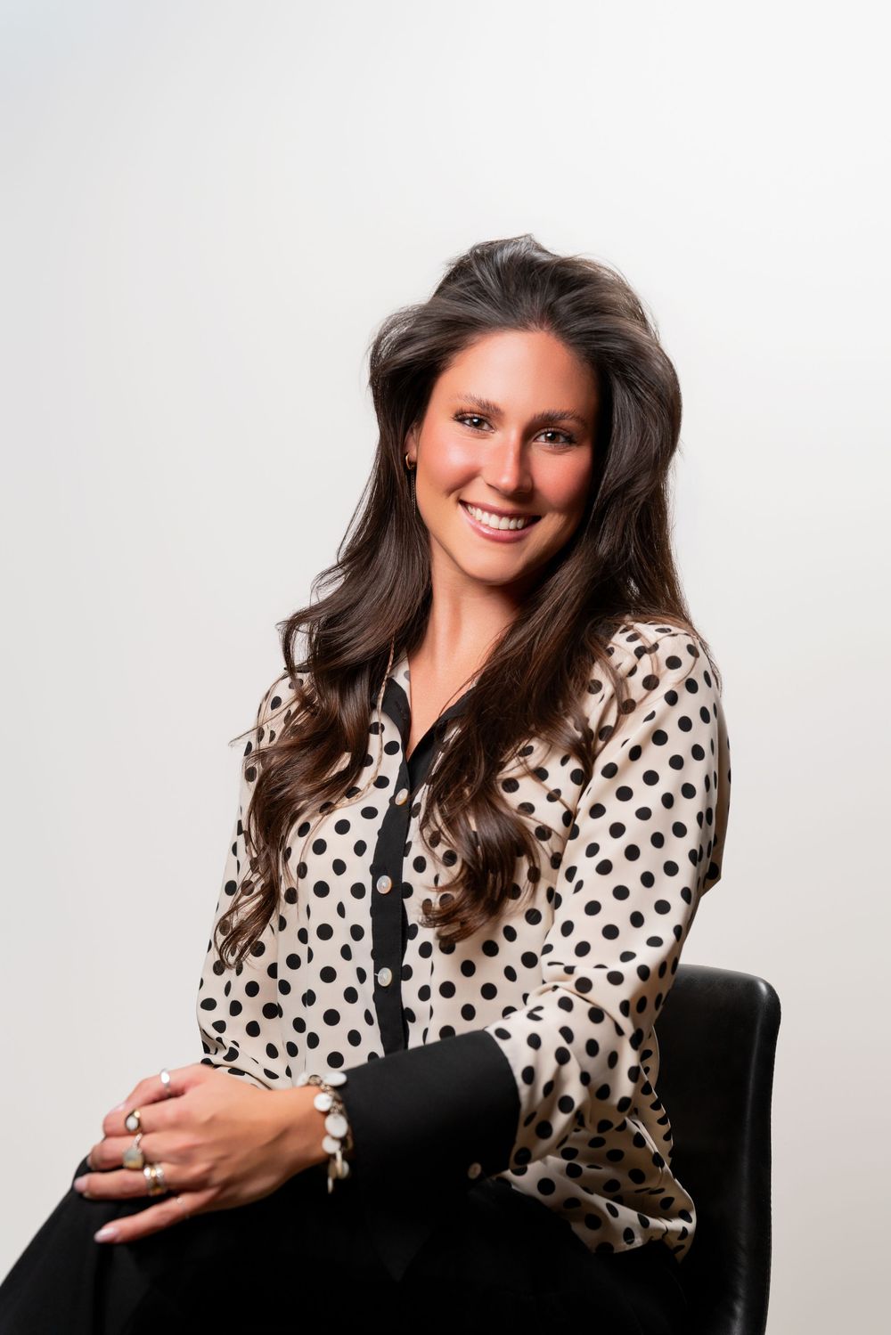 Professional studio portraits showing a polka dot blouse against white background.