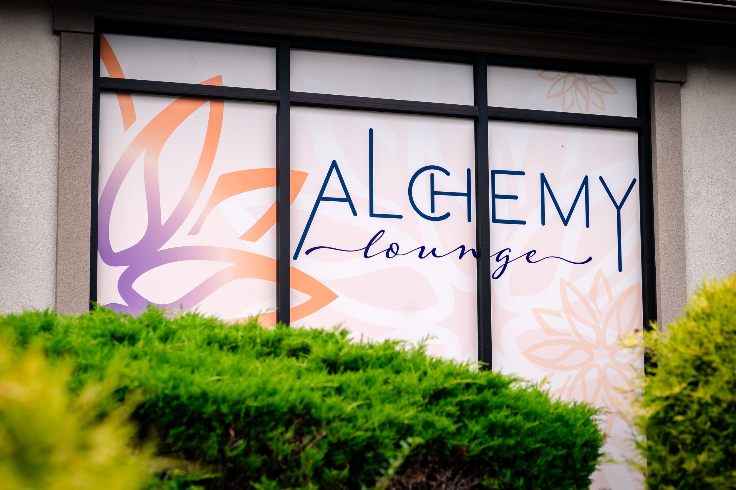Modern storefront with Alchemy lounge signage and window displays.