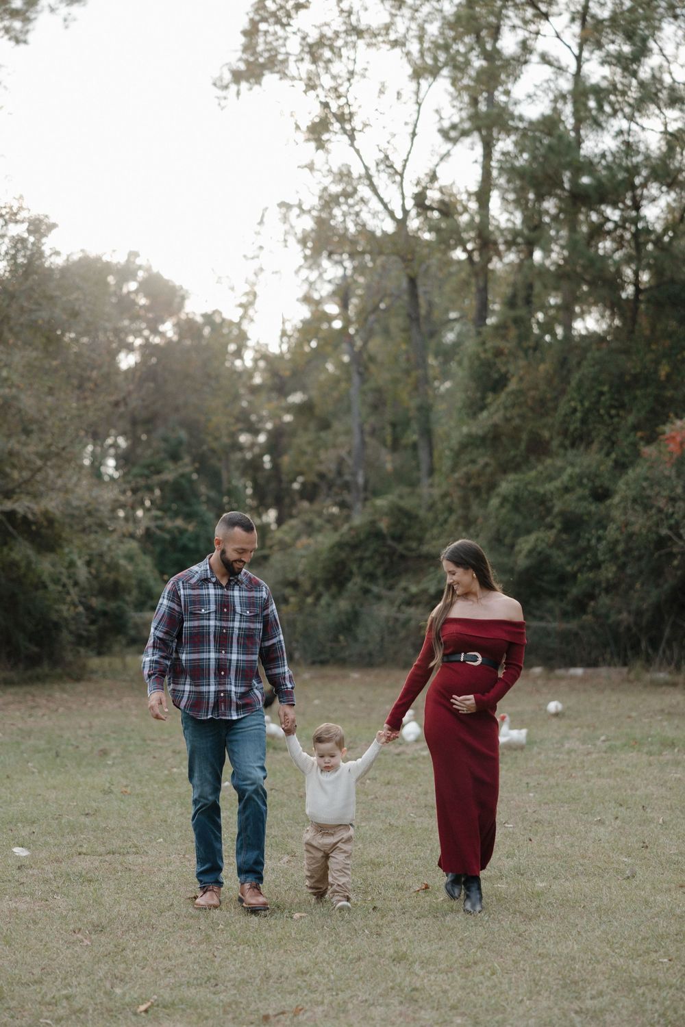 Family walking together holding hands in a park during golden hour with trees in background.