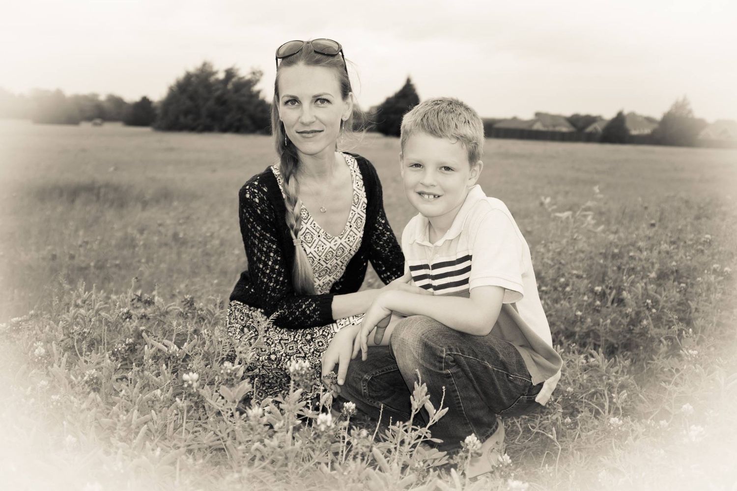 Vintage sepia photo sequence showing a mother and son sitting in a field during bluebonnet season in Texas.