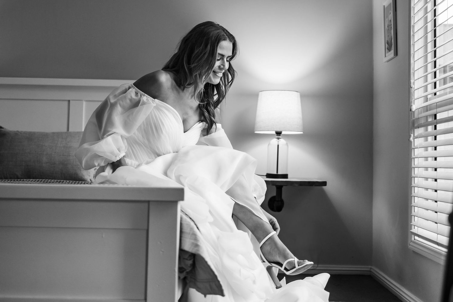 Black and white getting ready photos showing wedding day preparation moments.