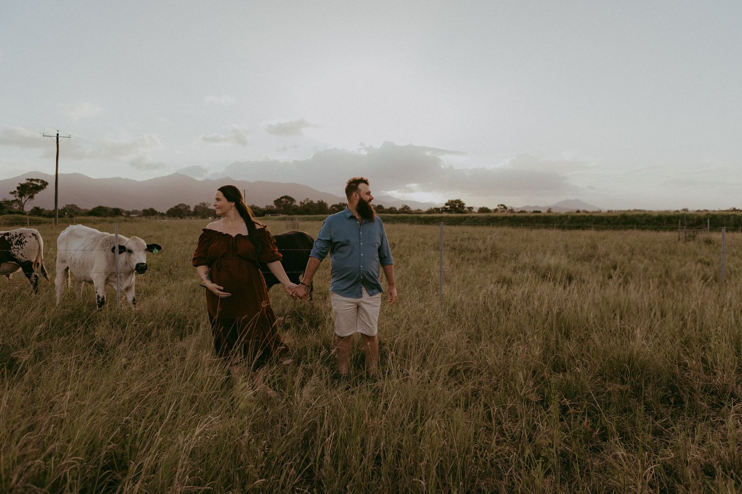 Pregnant couple holding hands walking through tall grass with white cows and mountains in the background.