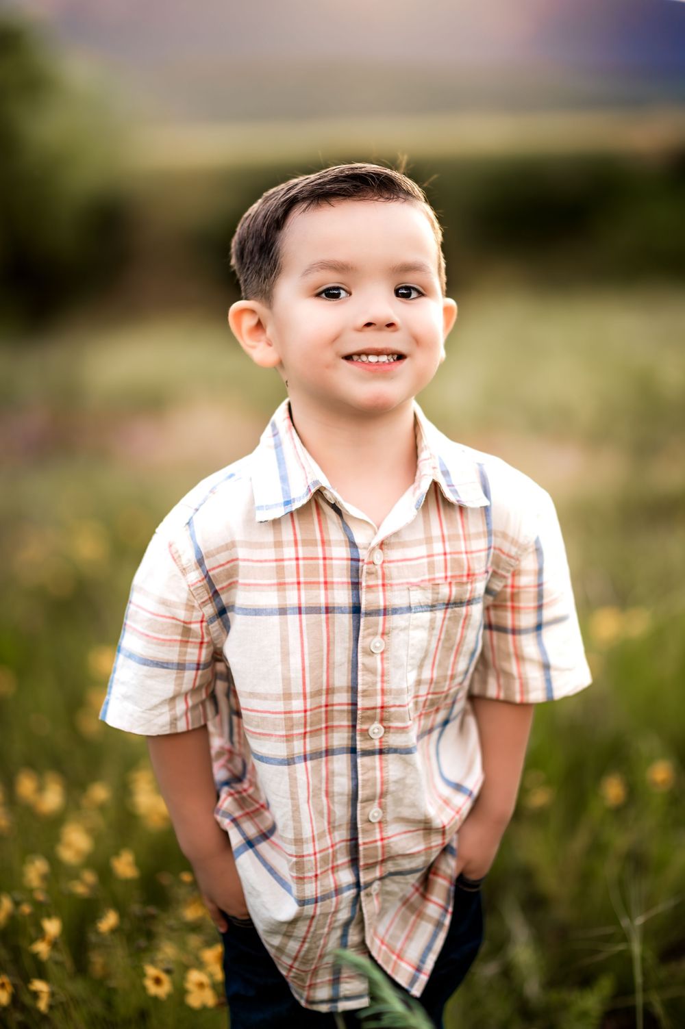 A young child in a plaid button-down shirt smiles while standing in a field of yellow wildflowers at sunset.