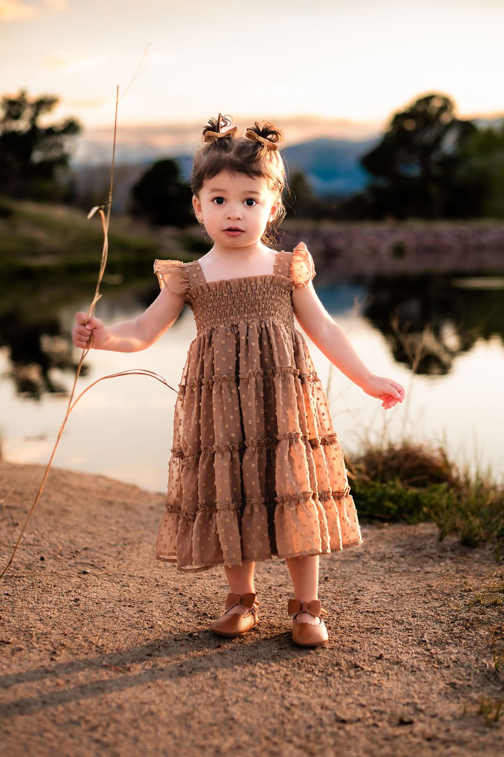A brown tiered dress and matching shoes shown against a scenic lakeside setting at dusk.