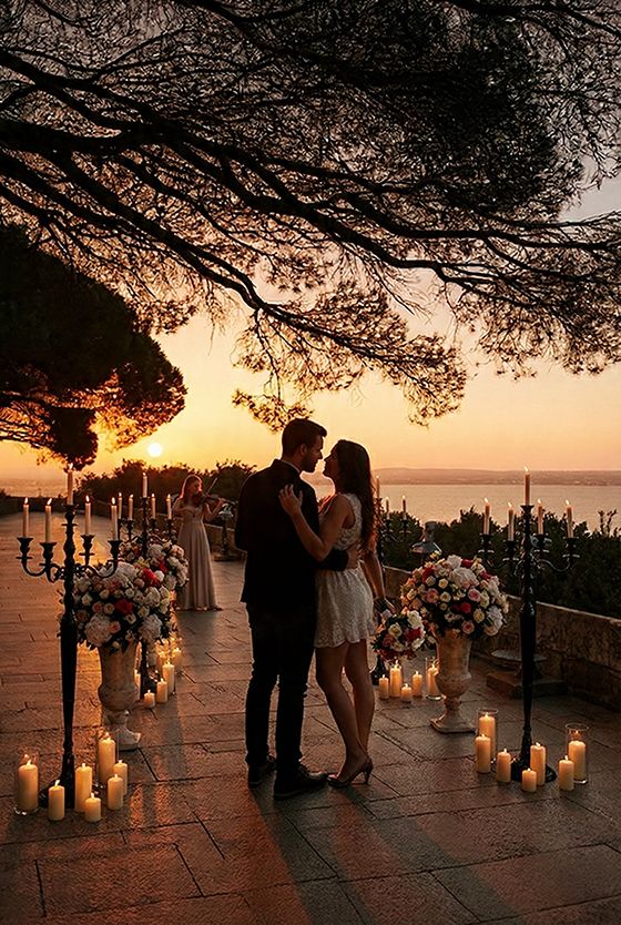 A romantic sunset wedding ceremony setup with glowing candles and floral arrangements along a seaside terrace.