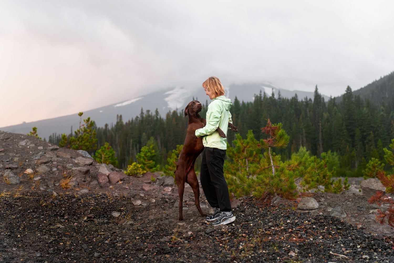 brown pointer dognap female standing by the mountain, forest, gravel road, hugging, dog standing up on his legs, clouds, sunset, rain
