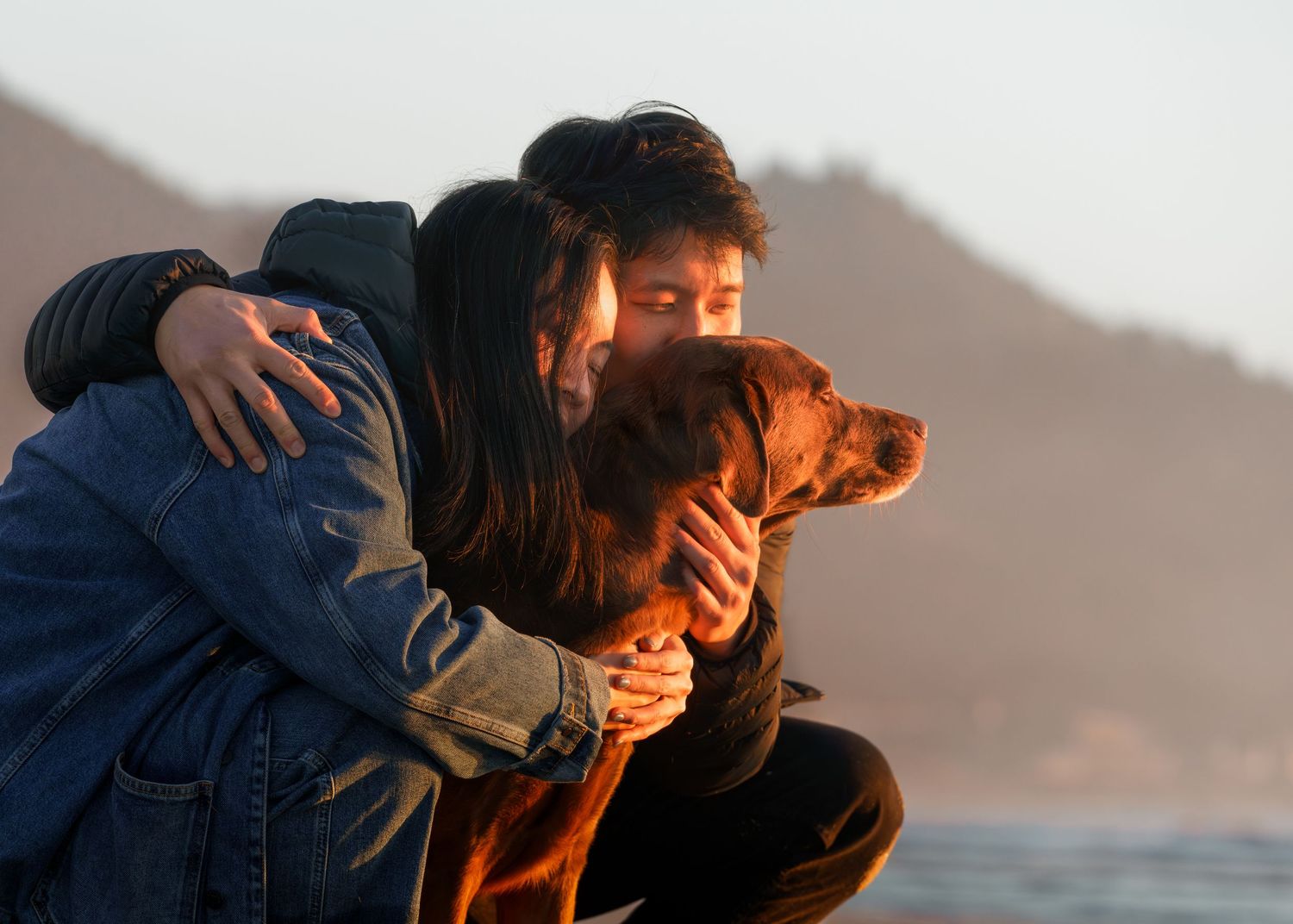 avian young couple hugging brown lab dog at the beach, loving warm atmosphere with ocean cliffs on the background
