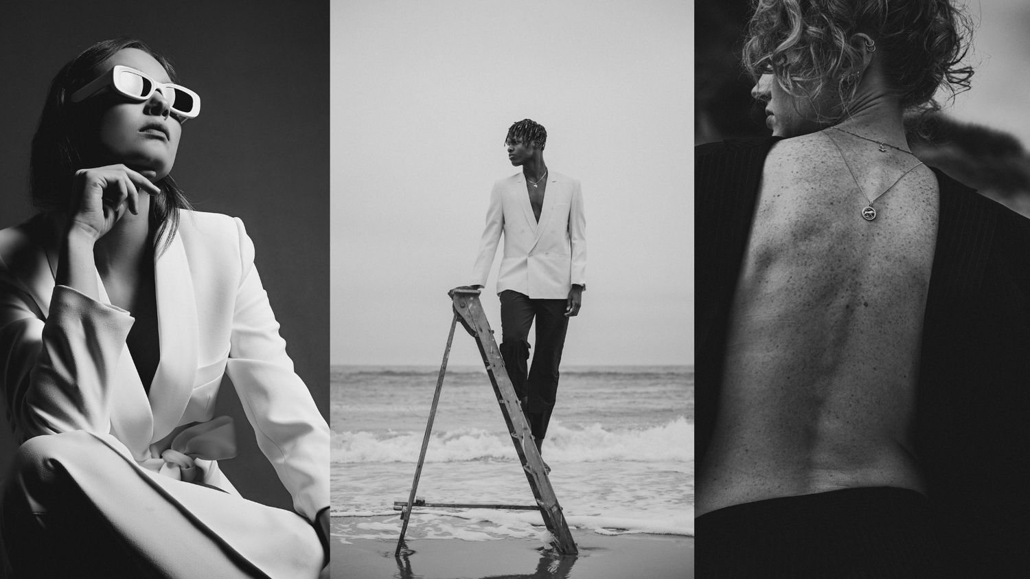 Three black and white artistic fashion photographs showing models in minimalist beach and studio settings wearing light attire.