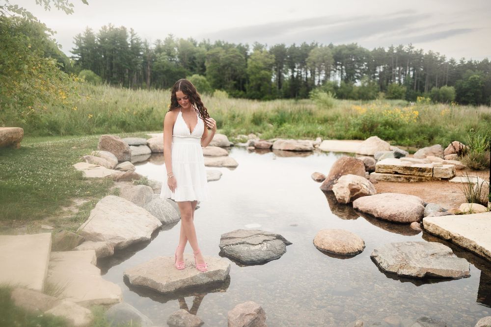 A series of stepping stones and rock formations create a path through a natural outdoor landscape.