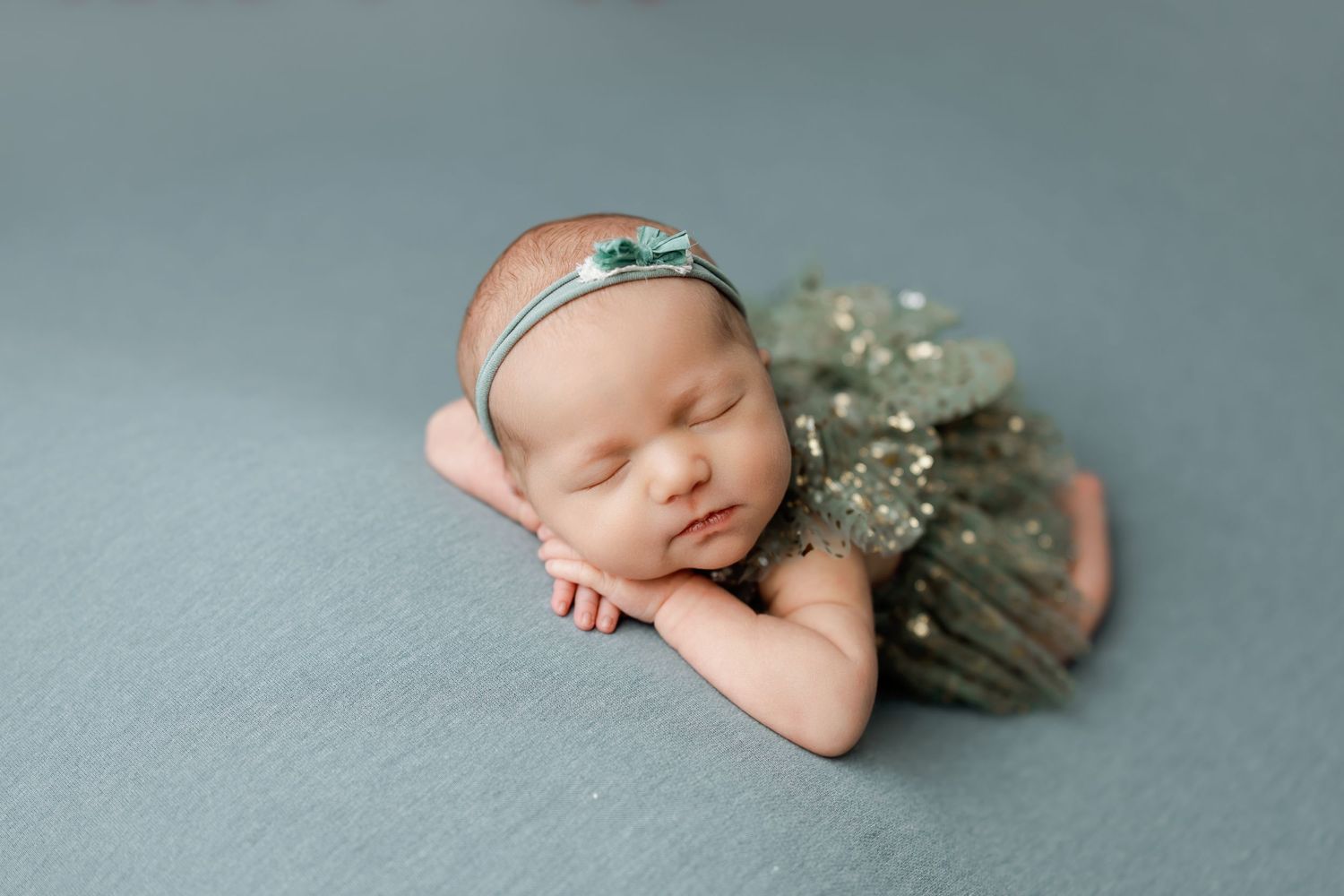 Sleeping newborn baby posed on a soft blue backdrop during a posed newborn photography session by Anna Carreno Photography in Magnolia, TX