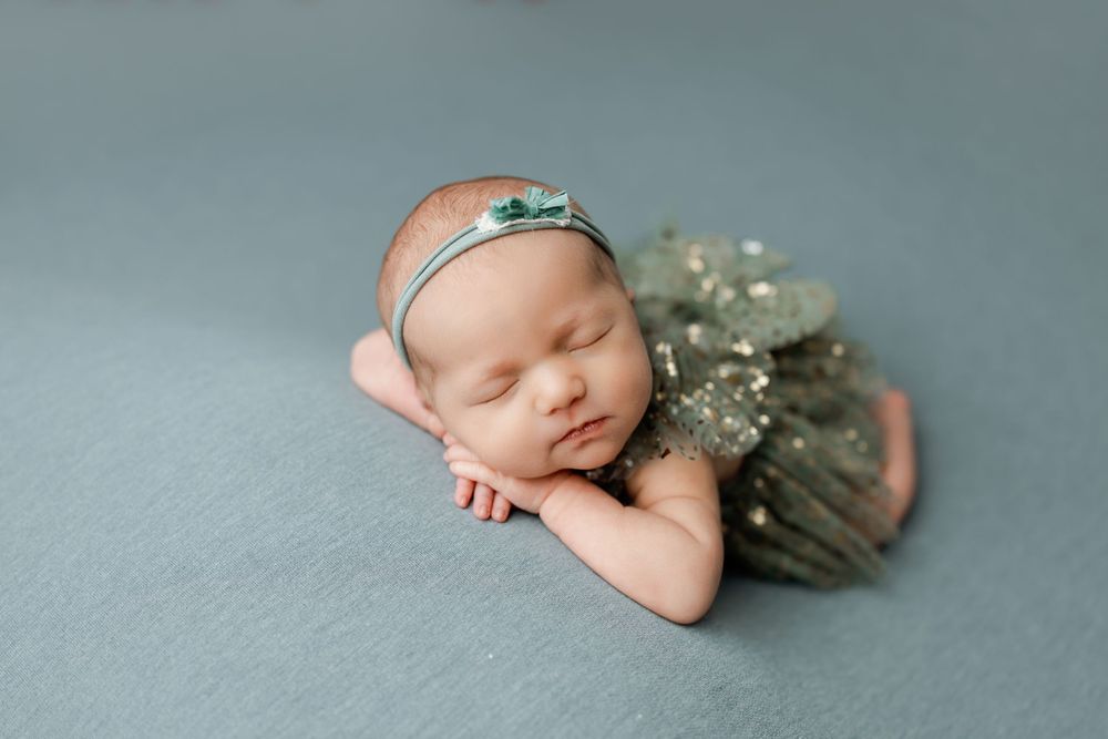 Sleeping newborn baby posed on a soft blue backdrop during a posed newborn photography session by Anna Carreno Photography in Magnolia, TX
