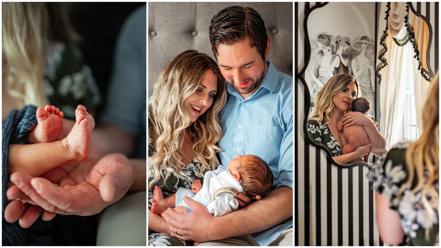 A triptych of intimate newborn photography moments with parents and baby, showing tender bonding and care.