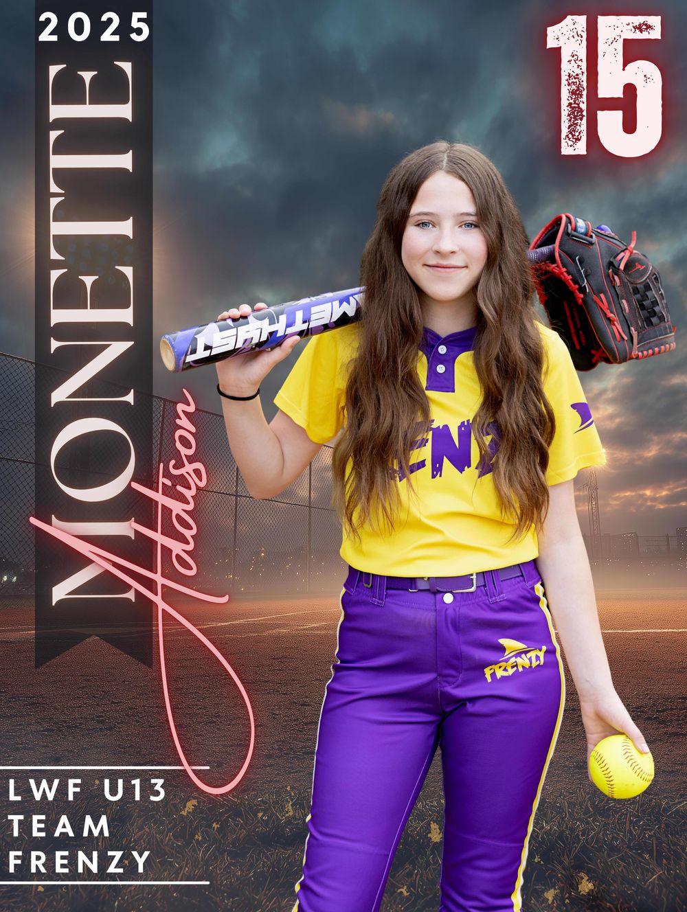 Softball player in purple and yellow uniform poses against dramatic cloudy sky background for sports portrait.