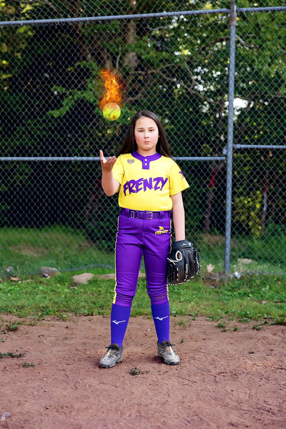 Four sequential photos show a softball player in purple and yellow uniform demonstrating batting stance and follow-through.