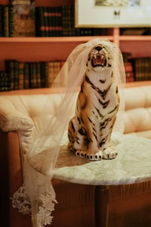 A ceramic tiger figurine with a bridal veil sits atop a marble table near bookshelves in a warm-toned interior setting.