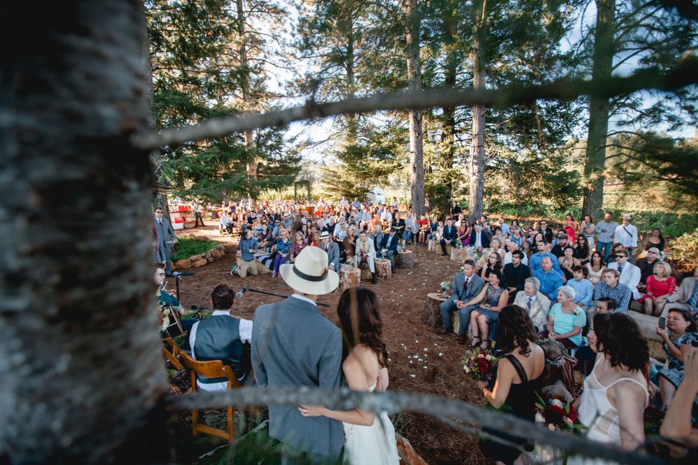 Outdoor wedding ceremony in a scenic forest setting, surrounded by family and friends, with string lights and a rustic ambiance.