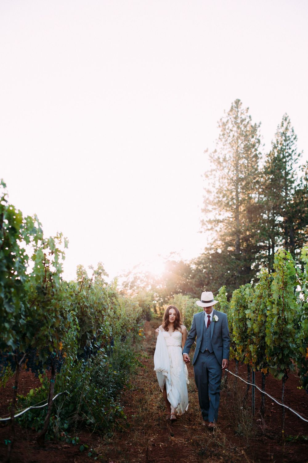 Bride and Groom strolling through the vineyard at golden hour, with warm sunlight filtering through the trees and vines. St Helena, CA