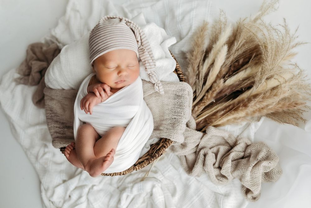 Newborn baby sleeping peacefully on white fabric next to dried pampas grass in natural light setting.