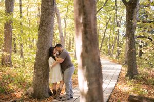 Fall outdoor golden hour engagement photos in woods at Starved Rock in Oglesby, Illinois