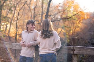Fall outdoor golden hour engagement photos in woods at Starved Rock in Oglesby, Illinois