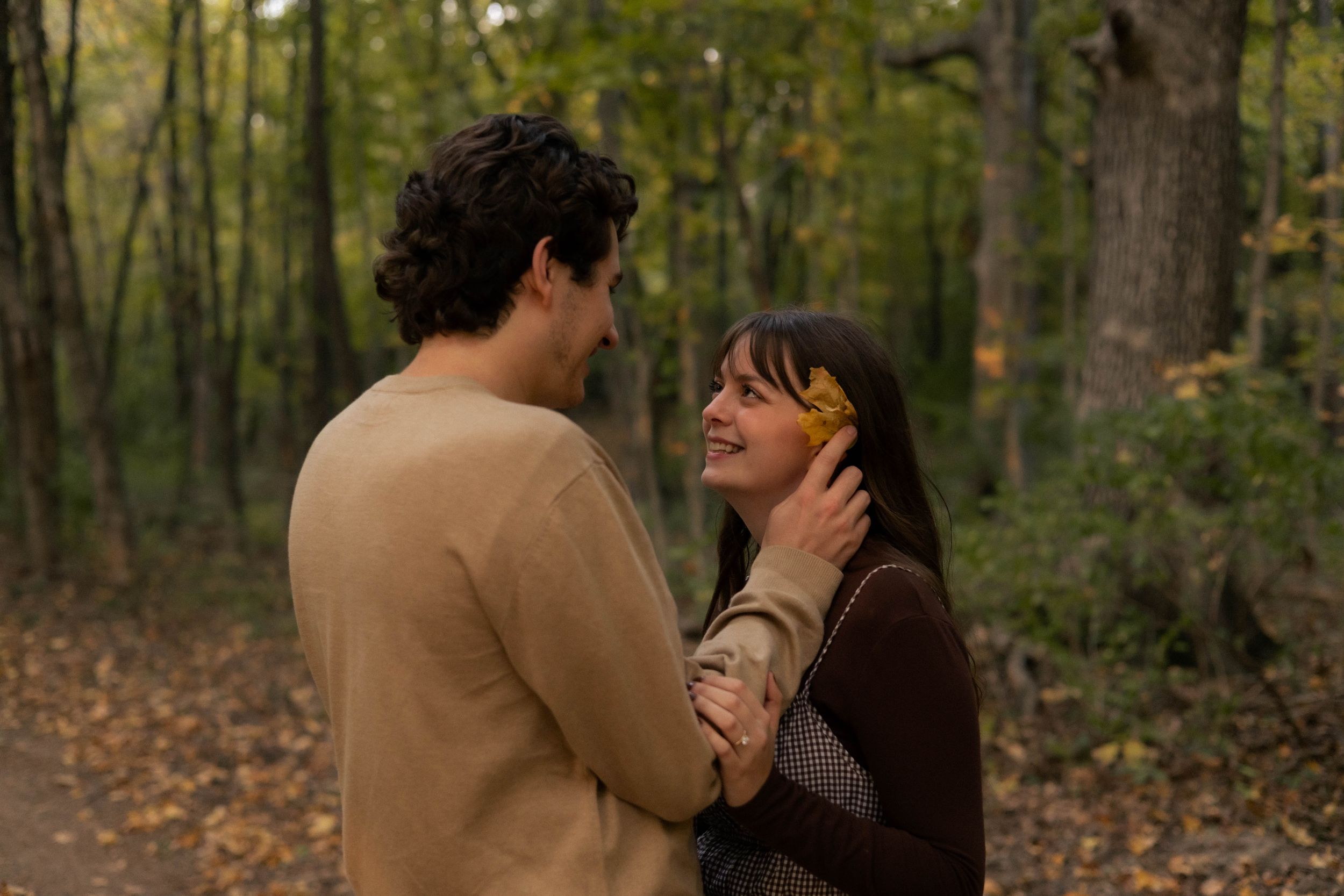 Fall outdoor engagement photos in the woods in LeRoy, Illinois