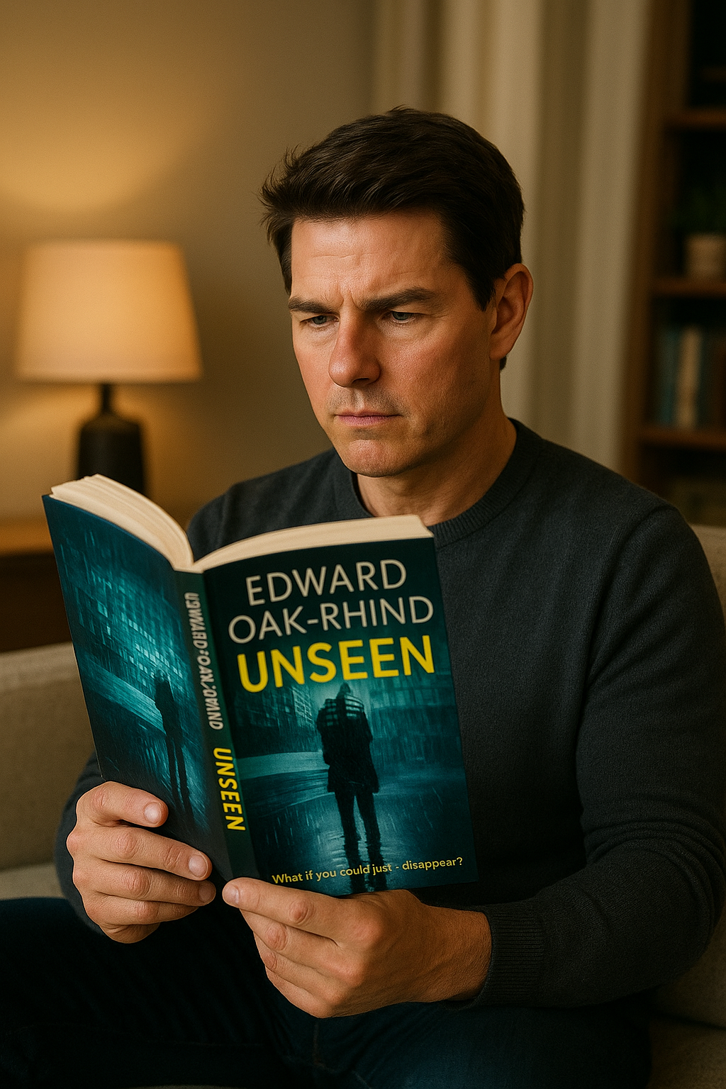 A man reading a book titled Unseen by Edward Oak-Rhind while sitting in a warmly lit room.