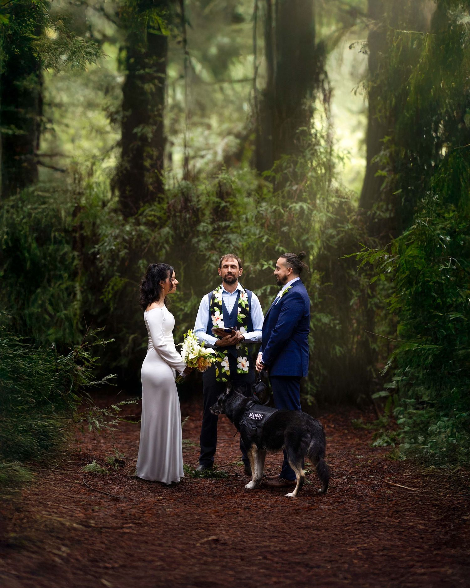 Couple exchanges vows in misty redwood forest with officiant and dog present, bride in white gown, groom in blue suit.