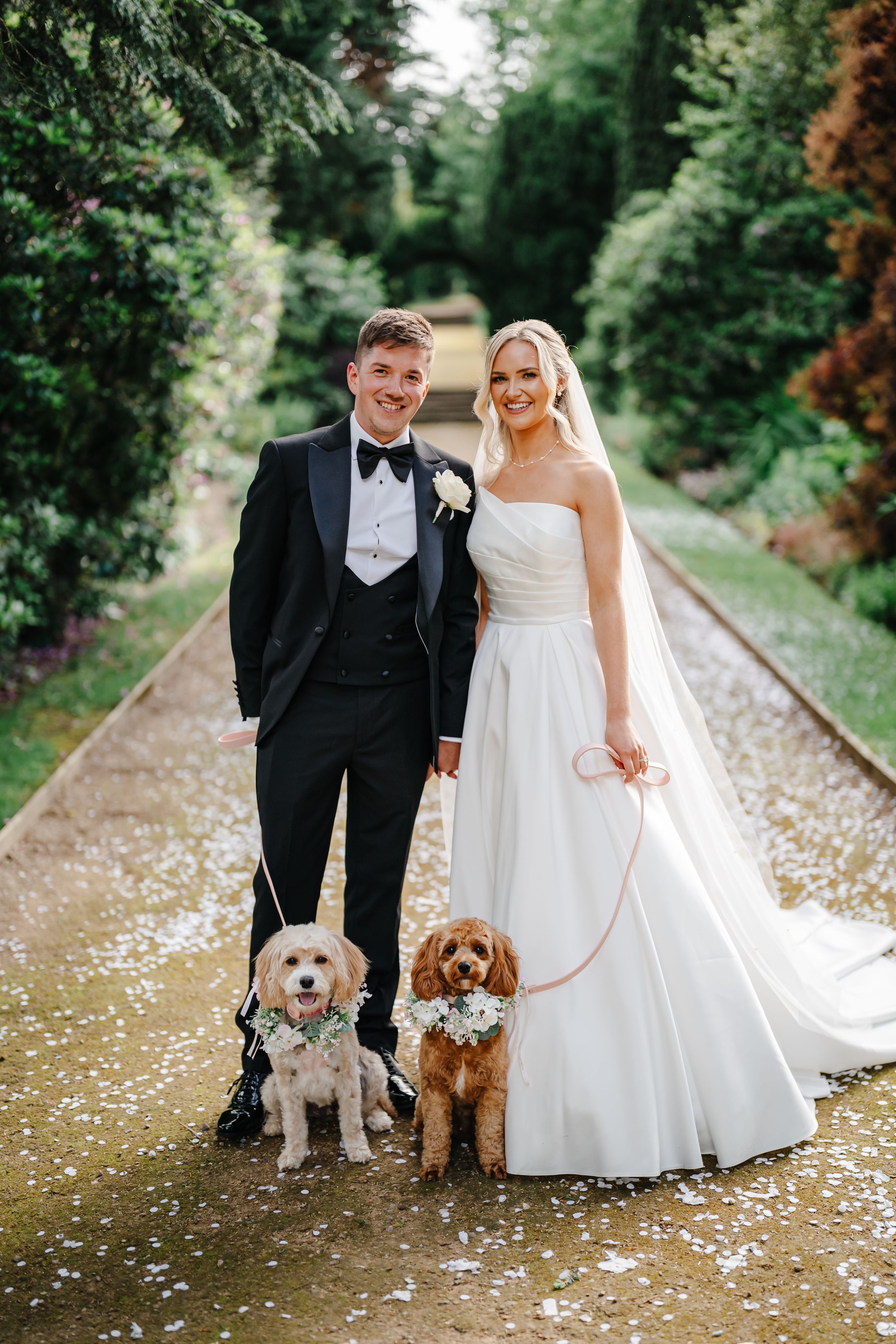 Bride and groom in wedding attire pose with two Cavapoo dogs on flower-petal path in lush garden setting.