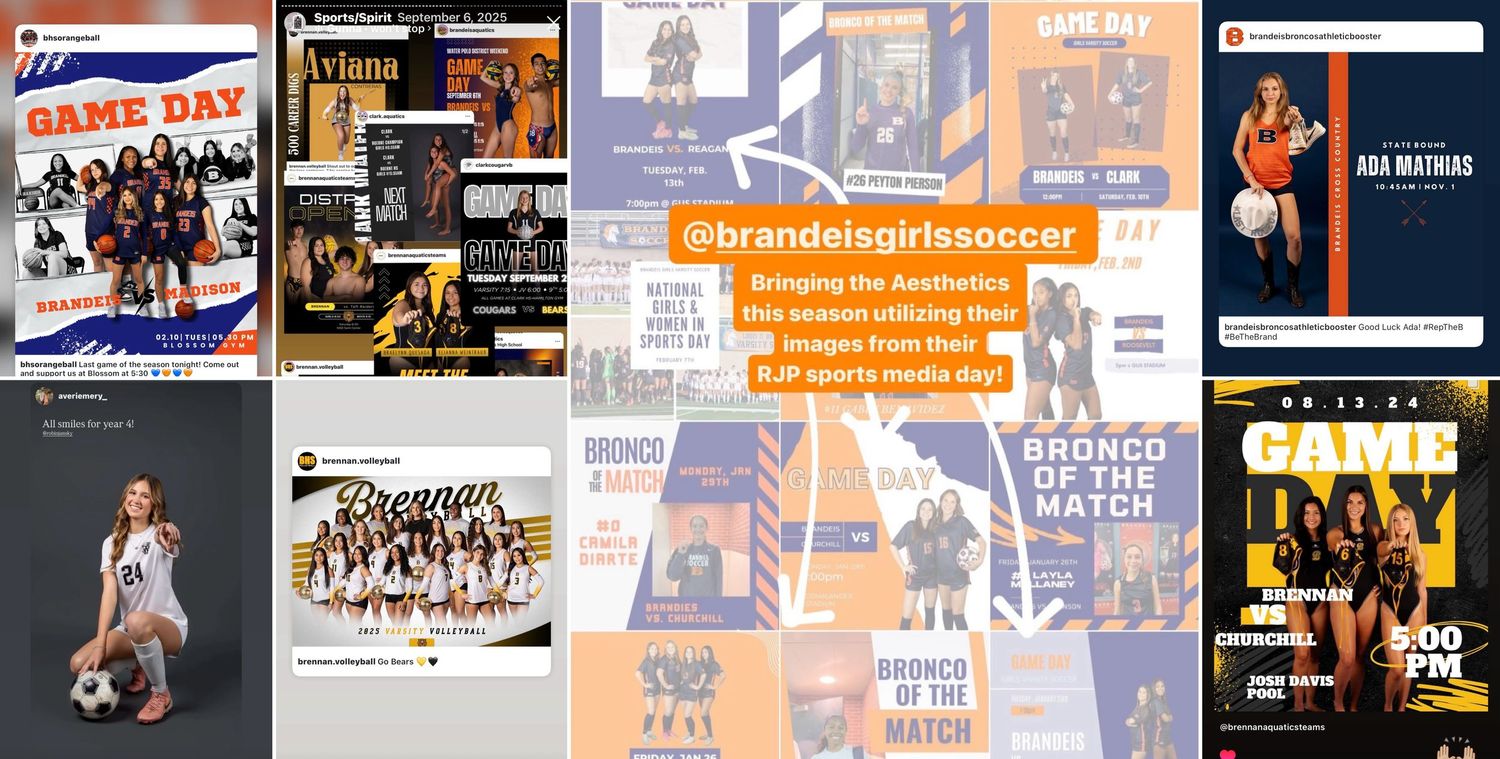 Collage of Brennan High School girls soccer team social media posts featuring game day graphics and player spotlights.