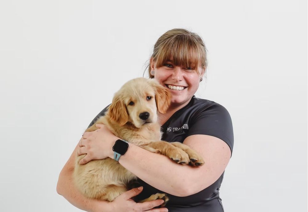 Smiling woman in black shirt hugging adorable golden retriever puppy against white background.