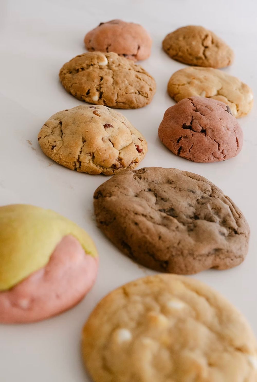 Assorted freshly baked cookies in various flavors including chocolate chip, sugar, and frosted displayed on white surface.