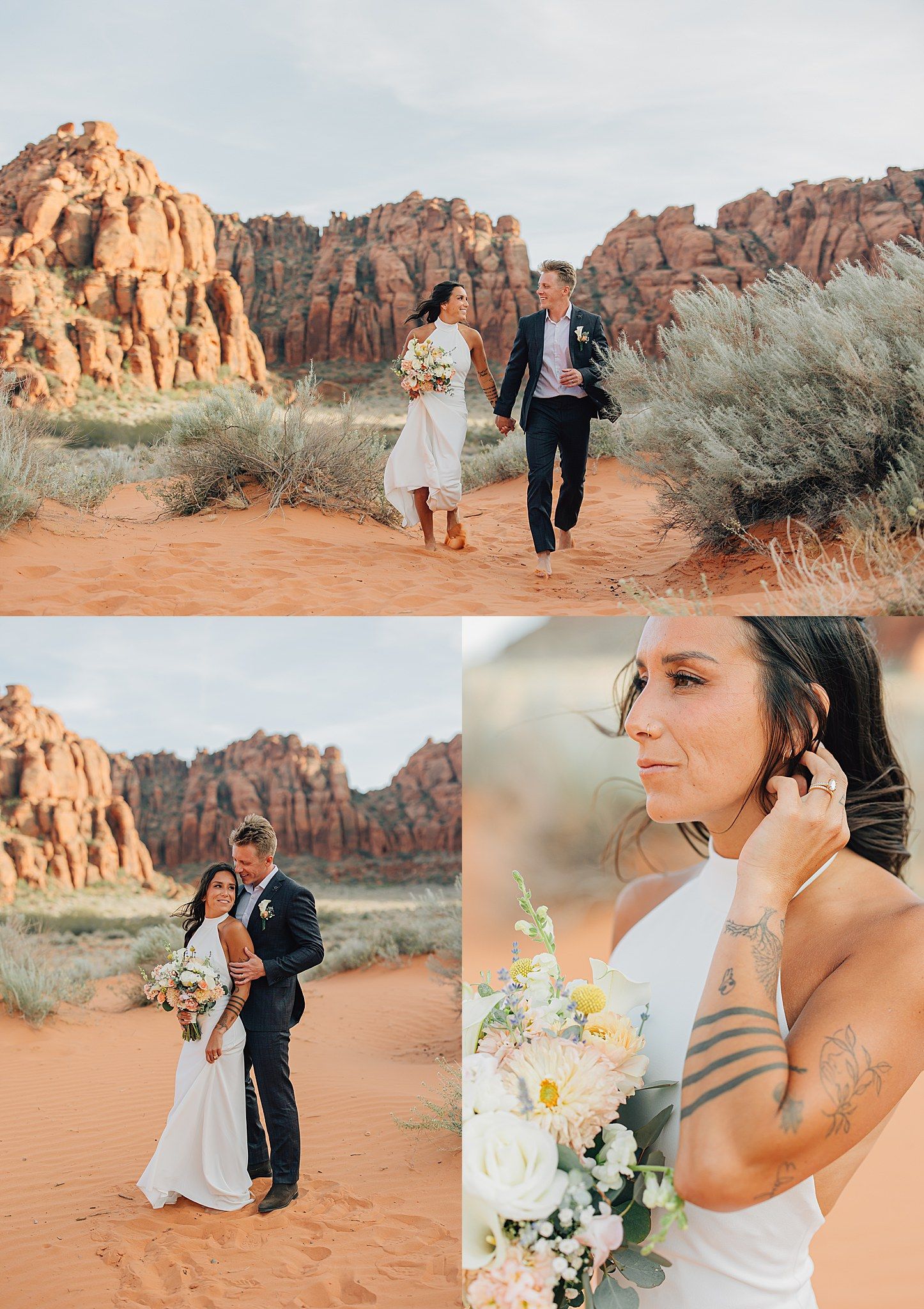 Desert elopement collage featuring couple walking on red sand, posing together, and bride with bouquet.