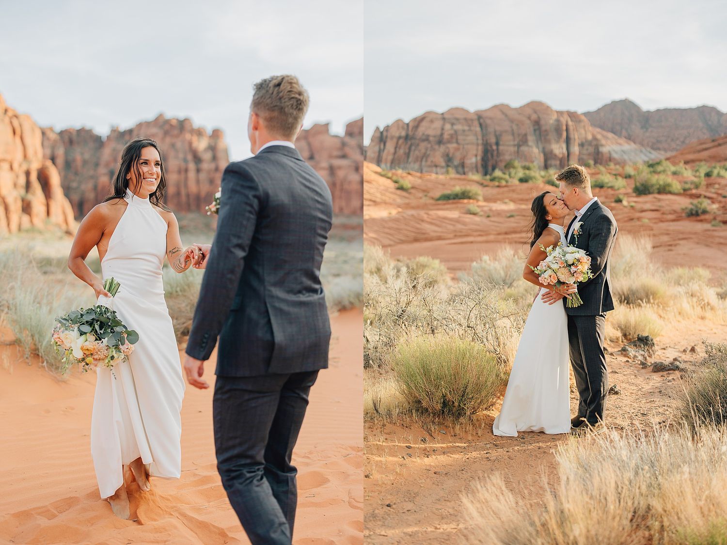 Bride and groom share a romantic moment in a stunning red rock desert landscape, with sandstone formations in the background.