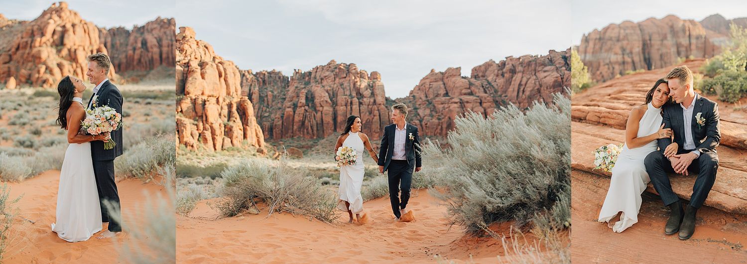 Couple elopes in Utah red rock desert, bride in white gown, groom in suit, stunning sandstone cliffs backdrop.
